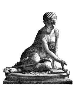 Victorian engraving of a sculpture of a girl playing dice. Digitally restored image from a mid-19th century Encyclopaedia.