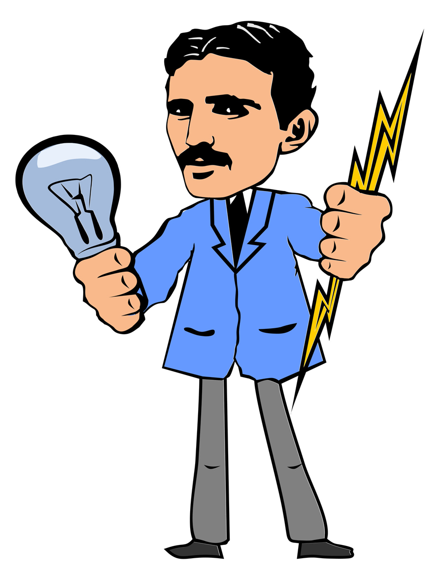 63521378 - nikola tesla is keeping a light bulb and lightning in the hands